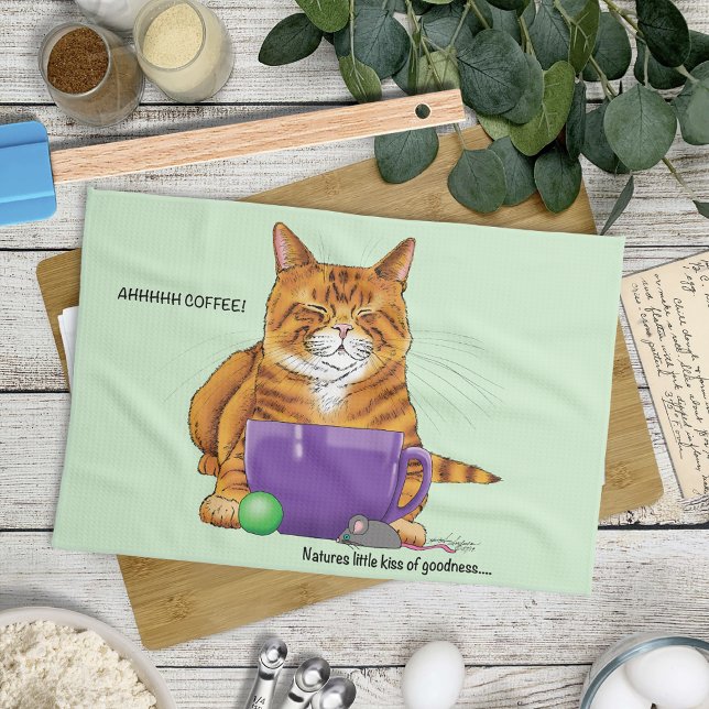 Orange Ginger Coffee Cat Funny Tea Towel (Creator Uploaded)