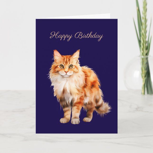 Orange Ginger Fluffy Cat Birthday Card #1 (Front)