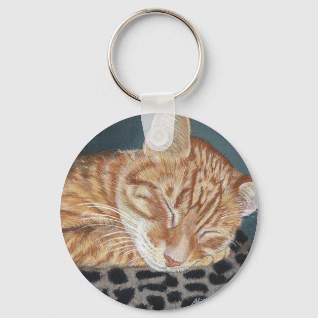 Orange Ginger Tabby Sleeping Cat Painting Art Key Ring (Front)