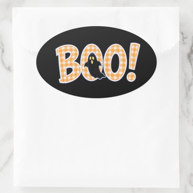 Orange Gingham BOO Ghost Oval Sticker (Bag)