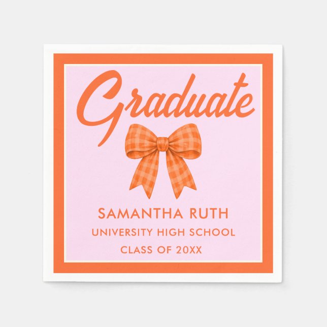 Orange Gingham Bow Graduation Party Napkin (Front)