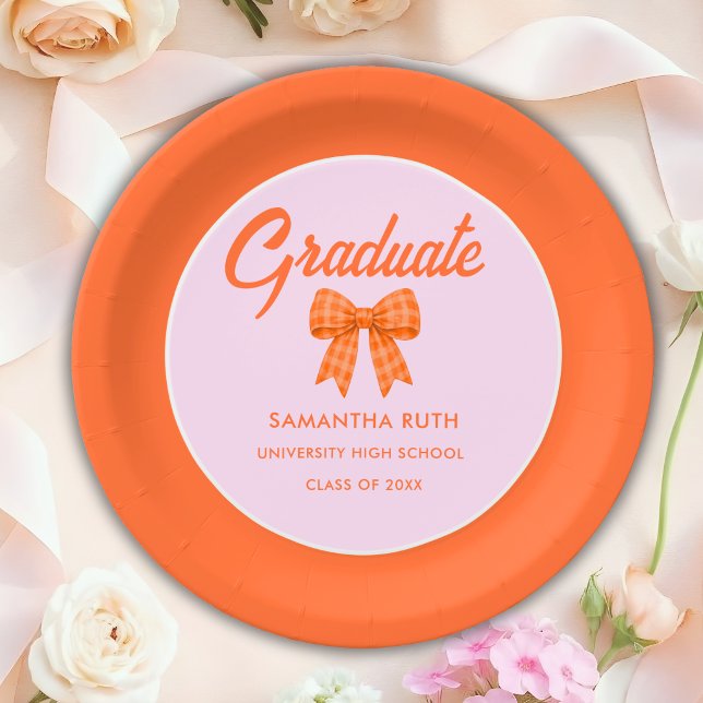Orange Gingham Bow Graduation Party Paper Plate (Creator Uploaded)