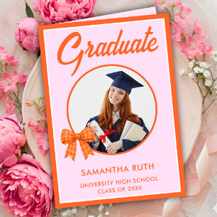 Orange Gingham Bow Photo Graduation  Card
