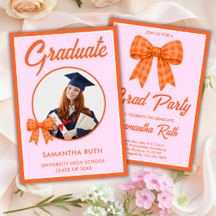 Orange Gingham Bow Photo Graduation Party Invitation