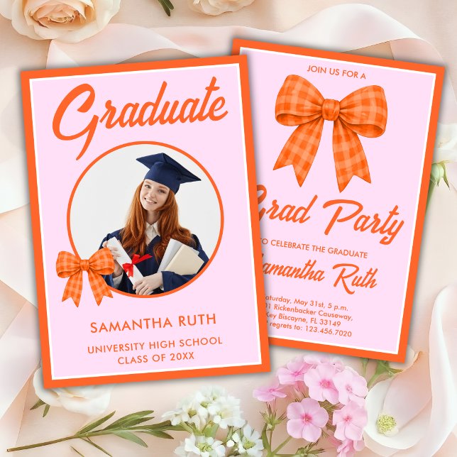 Orange Gingham Bow Photo Graduation Party Invitation (Creator Uploaded)