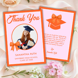 Orange Gingham Bow Photo Graduation Thank You Card