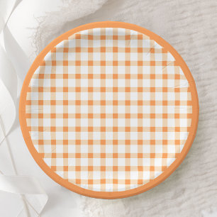 Orange Gingham Check Pattern Picnic Design Paper Plate