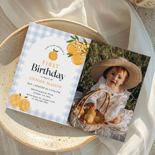 Orange Gingham Citrus 1st Birthday Photo Invitation