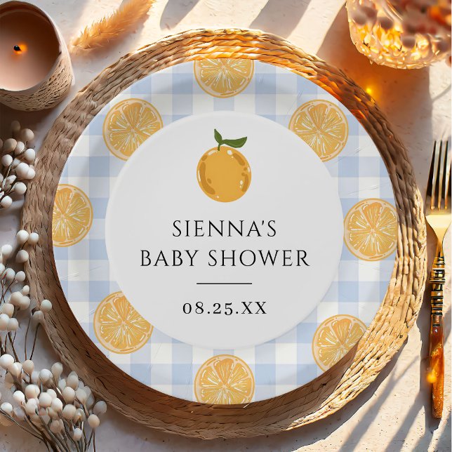 Orange Gingham Citrus Baby Shower Paper Plate (Creator Uploaded)