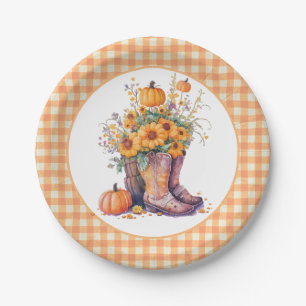 Orange Gingham Country Floral Fall Paper Plate
