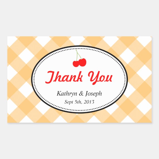 Orange gingham country picnic red cherry wedding rectangular sticker (Front)