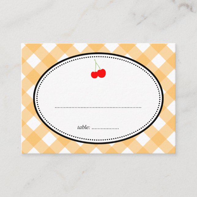 Orange gingham country rustic cherry seating card (Front)