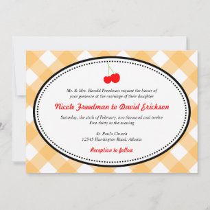 Orange gingham country rustic red cherry wedding invitation