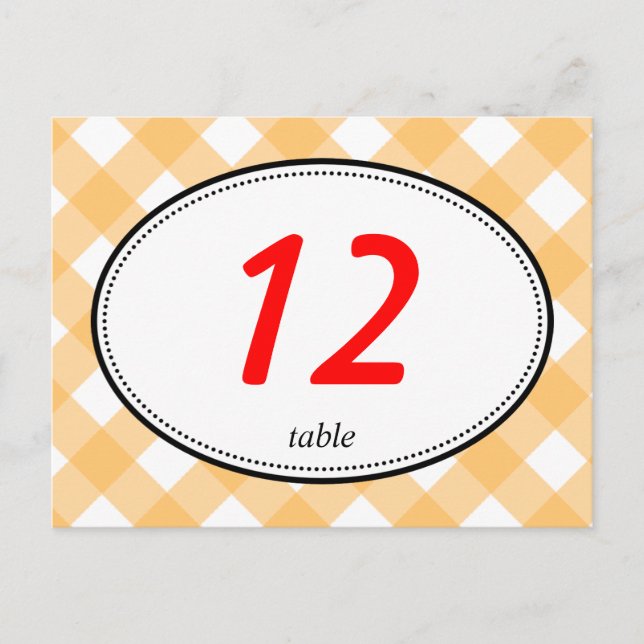 Orange gingham country rustic wedding table number postcard (Front)