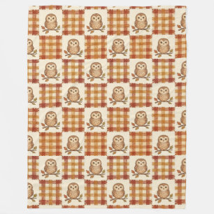 Orange Gingham Fall Owl Fleece Blanket
