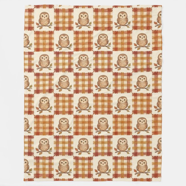Orange Gingham Fall Owl Fleece Blanket (Front)
