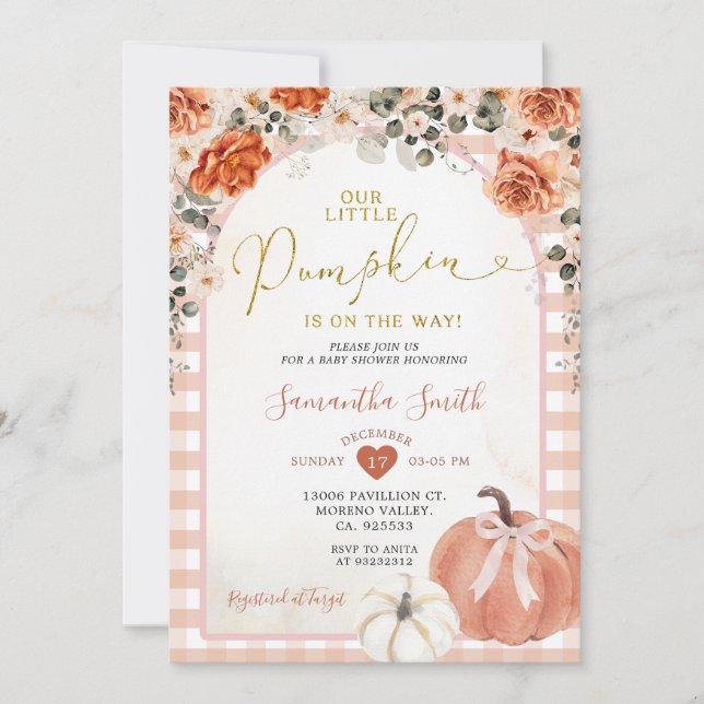 Orange Gingham Floral Pumpkin Autumn Baby Shower Invitation (Front)