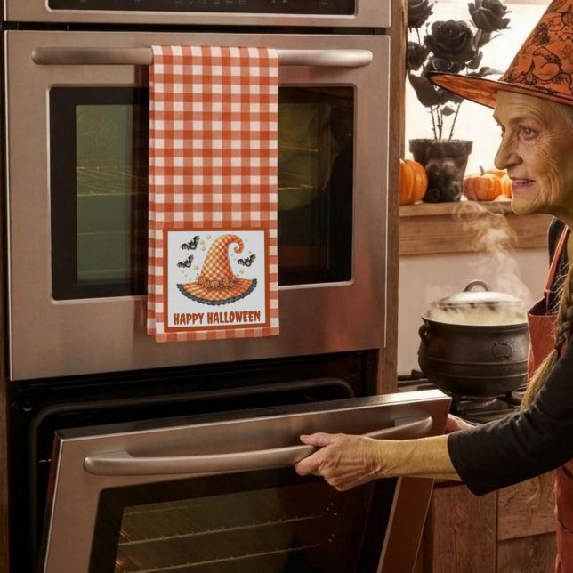 Orange Gingham Halloween Witch Hat and Bats Tea Towel (Creator Uploaded)