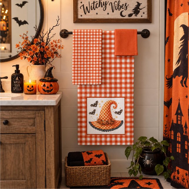 Orange Gingham Halloween Witch Hat & Bats Bath Towel Set (Creator Uploaded)