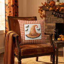 Orange Gingham Halloween Witch Hat & Bats