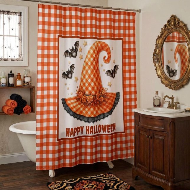 Orange Gingham Halloween Witch Hat & Bats Shower Curtain (Creator Uploaded)