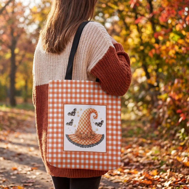 Orange Gingham Halloween Witch Hat & Bats Tote Bag (Creator Uploaded)
