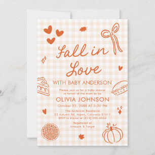 Orange Gingham Hand Drawn Fall in Love Baby Shower Invitation