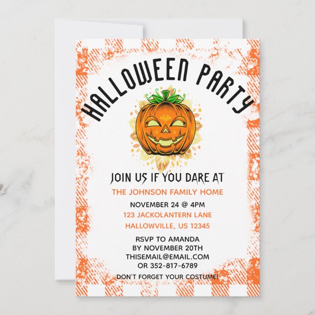 Orange Gingham Jackolantern Customised Halloween Invitation (Front)