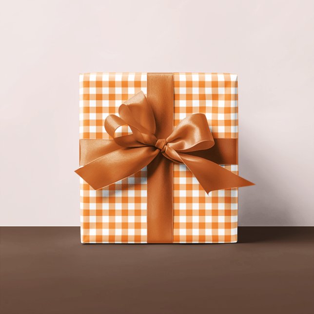 Orange Gingham Plaid Multi Wrapping Paper Sheet (Orange and White Gingham - Country Farmhouse Theme)