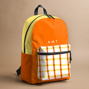 Orange Gingham Plaid Personalised Name Initials Printed Backpack