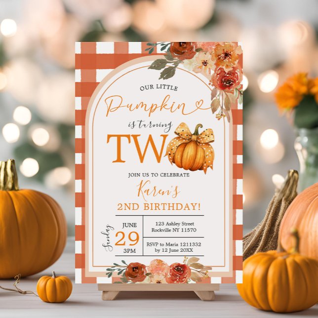 Orange Gingham Pumpkin 2nd Birthday Fall  Invitation (Creator Uploaded)