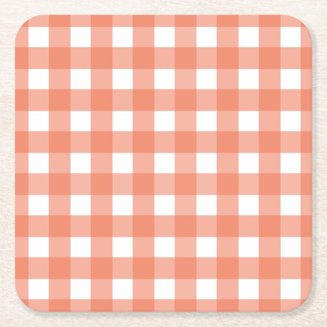 Orange gingham square paper coaster (Front)