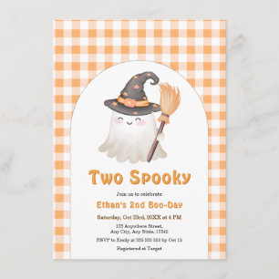 Orange Gingham Two Spooky Halloween 2nd Birthday Invitation