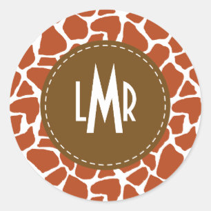 Orange Giraffe Pattern Monogram Classic Round Sticker