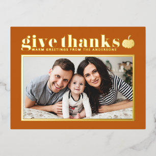 Orange Give Thanks Happy Thanksgiving Photo Foil Holiday Postcard