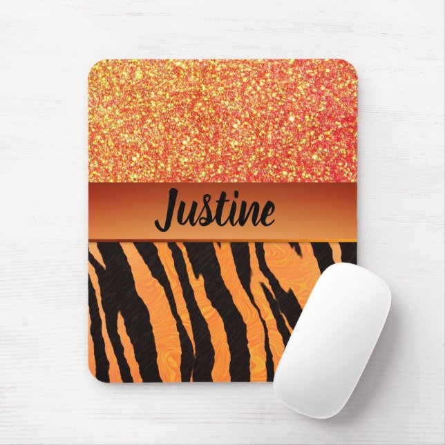 Orange Glam Glitter Tiger Print Personalized Mouse Pad (With Mouse)