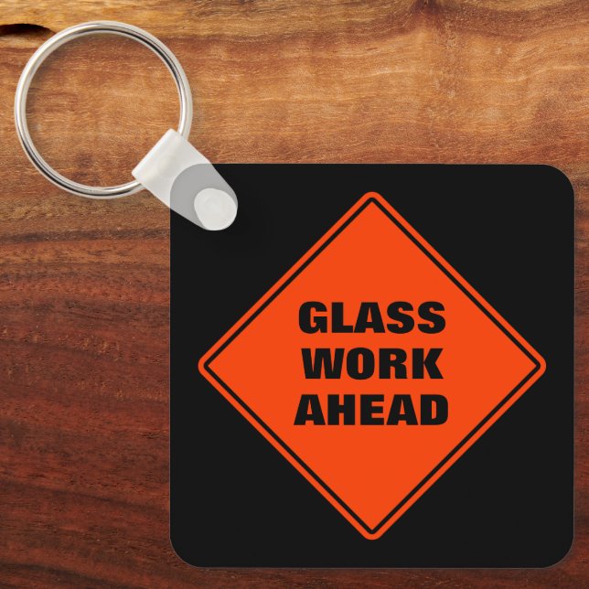 Orange glass work ahead road sign personalised key ring (Front)