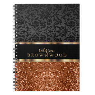 Orange Glitter and Black Damask Notebook