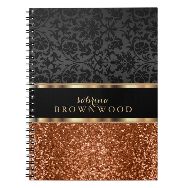 Orange Glitter and Black Damask  Notebook (Front)