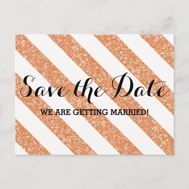 Orange Glitter Look Stripes Save the Date Postcard (Front)