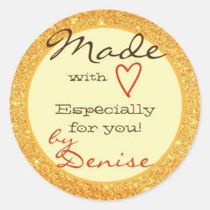 Orange Glitter Made with Love Red Heart Signature Classic Round Sticker