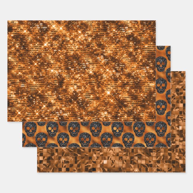 Orange Glitter Skull Halloween Pattern Wrapping Paper Sheet (Set)