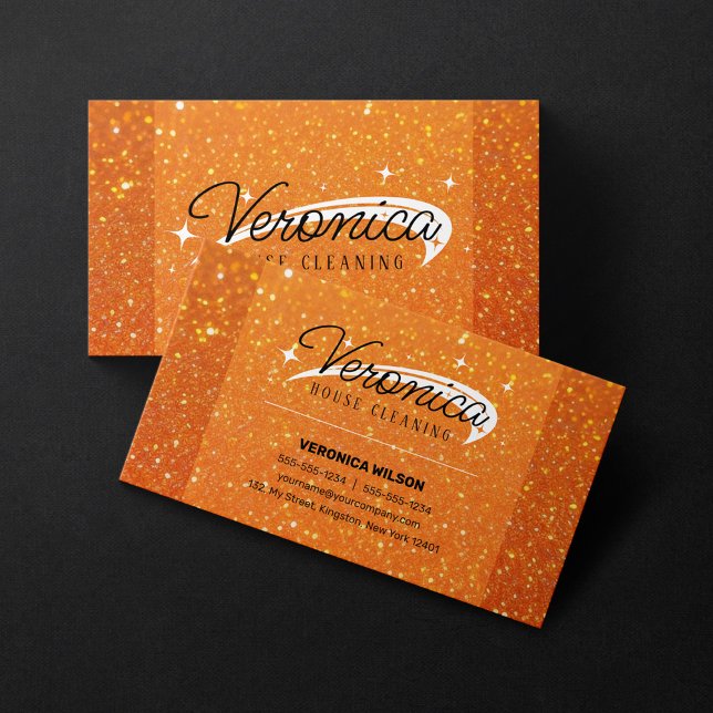 Orange Glitter Sparkles House Cleaning Housekeeper Business Card (Creator Uploaded)