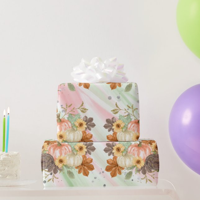 Orange Glittery Pumpkins On Pink and Green Glitter Wrapping Paper (Party Gifts)