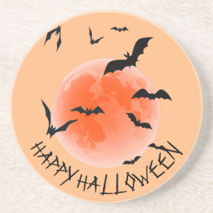 Orange Globe Black Bats - Happy Halloween Coaster