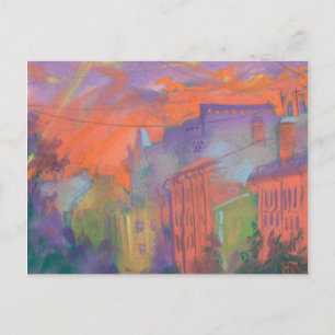 Orange Glow City Sunset Landscape Pastel Painting Postcard