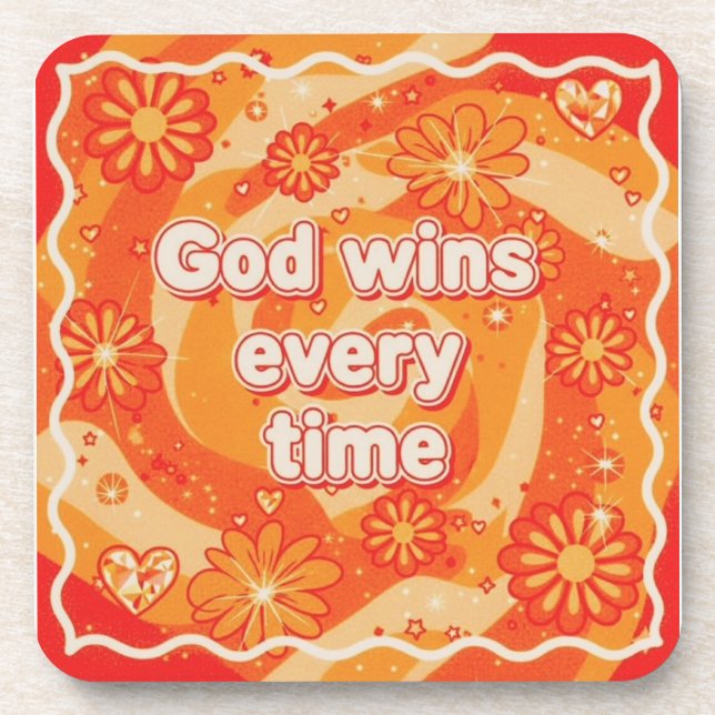 orange God wins everytime christian faith Coaster (Front)