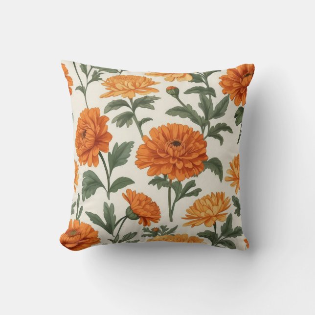 Orange Gold Autumn Marigolds Foliage Pattern Cushion (Front)