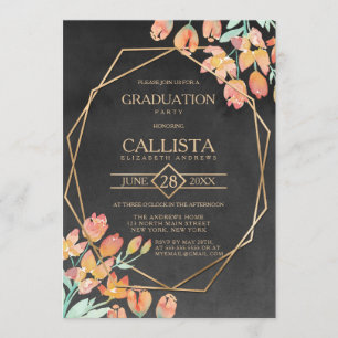 Orange Gold Black Floral Terrarium Graduation Invitation