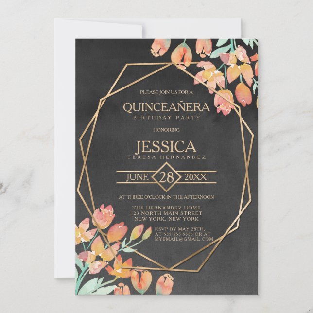 Orange Gold Black Floral Terrarium Quinceañera Invitation (Front)